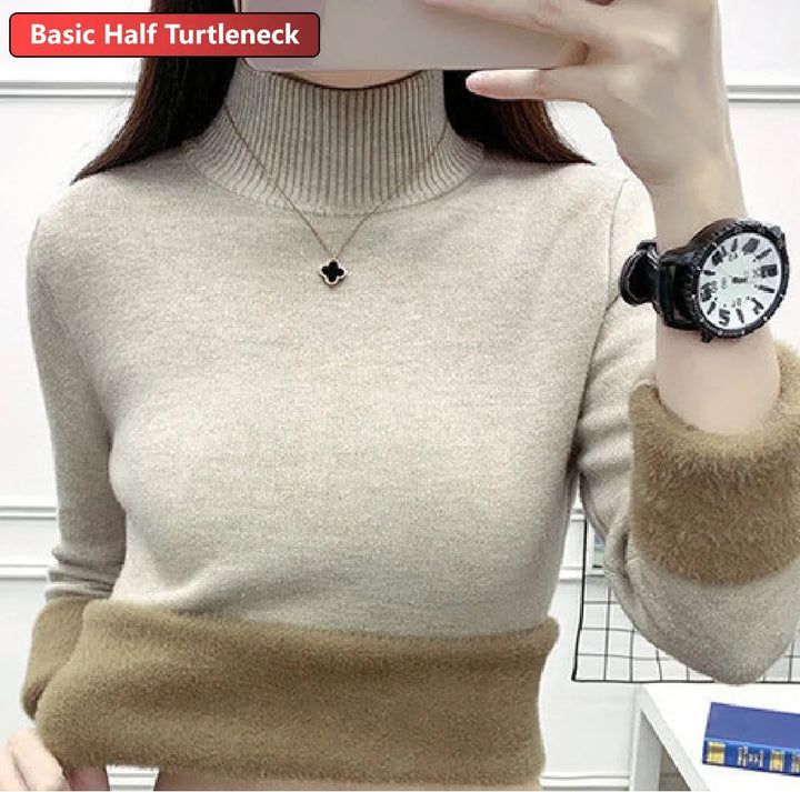Elegant Women's Thick Velvet Lined Turtleneck Sweater