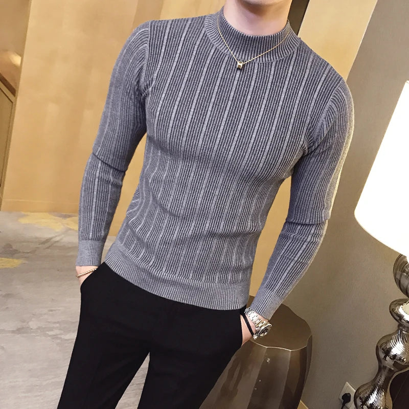 Slim Fit Striped Knit Turtleneck Sweater