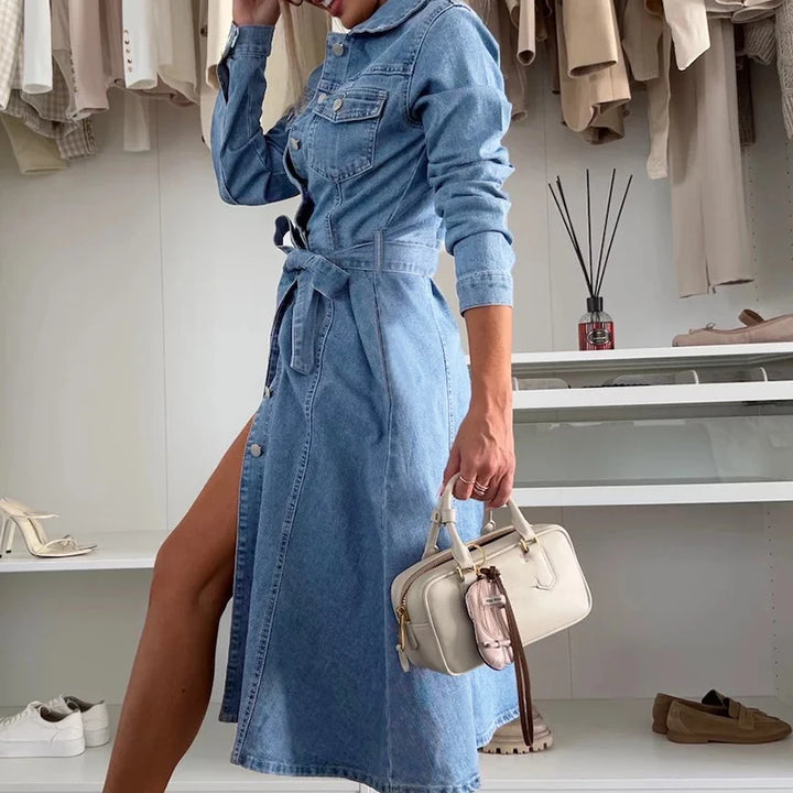 Casual Long Sleeve Solid Slim Midi Dress with High Waist