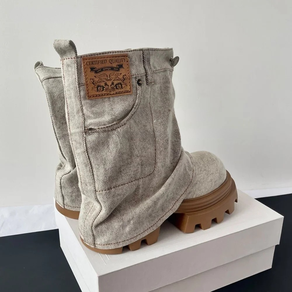 Retro Denim Thick Sole Trouser Boots