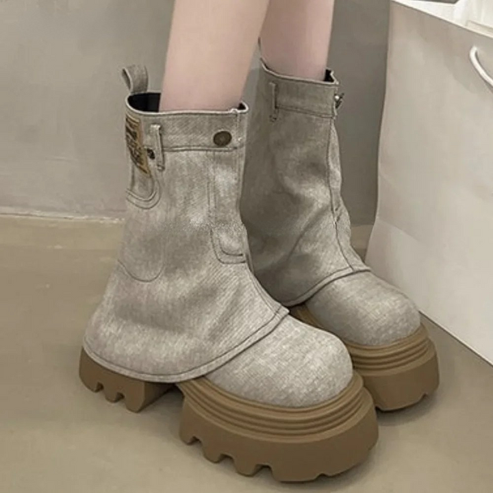 Retro Denim Thick Sole Trouser Boots