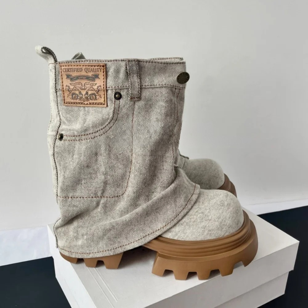 Retro Denim Thick Sole Trouser Boots