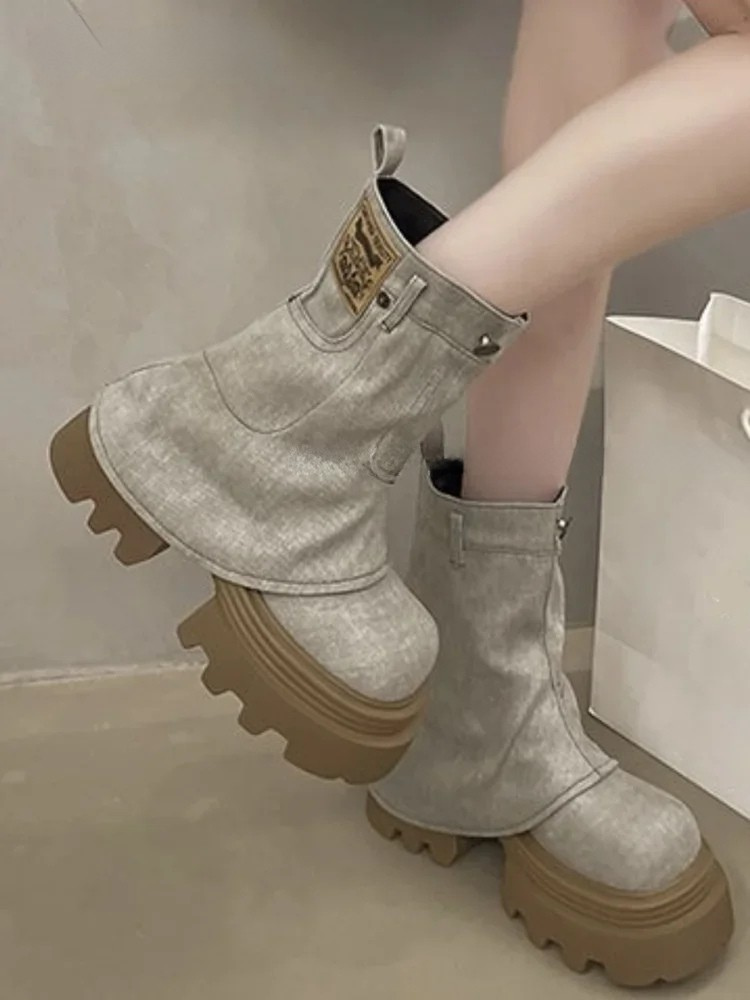 Retro Denim Thick Sole Trouser Boots