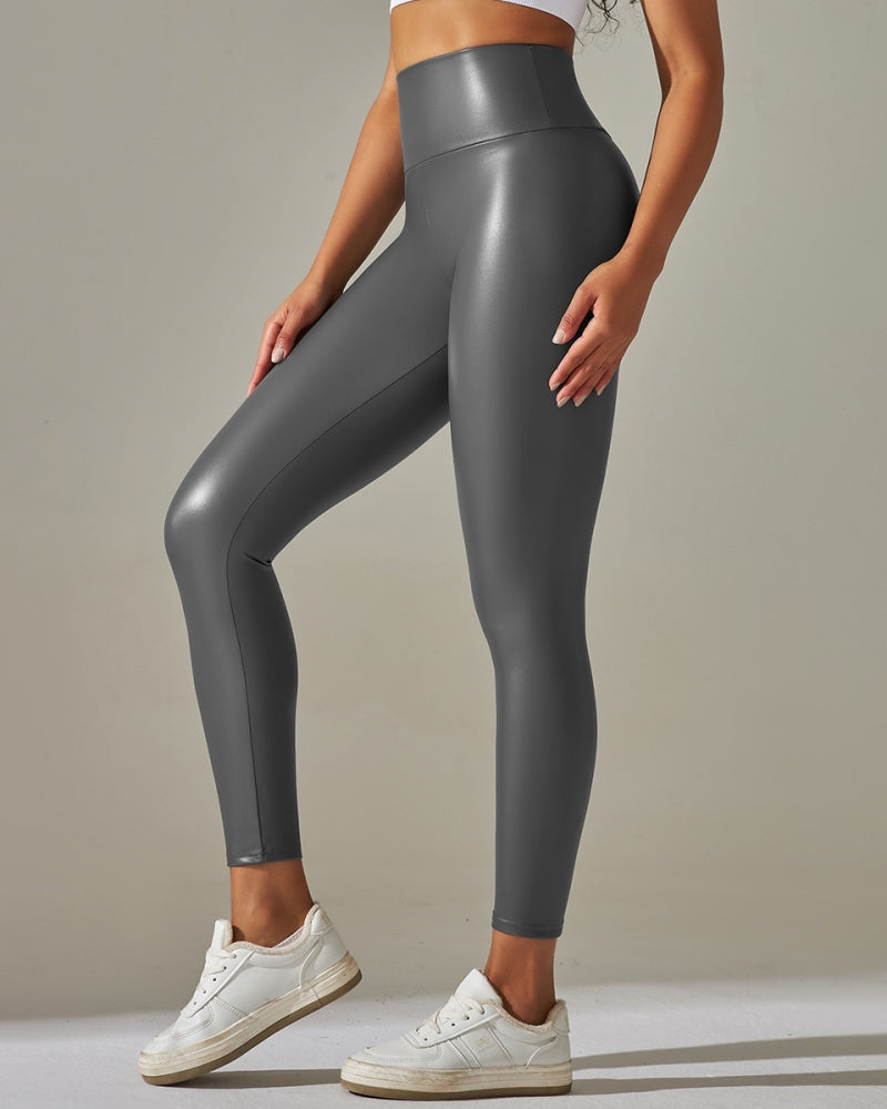 Colorful High-Waisted PU Leather Yoga Pants for Women