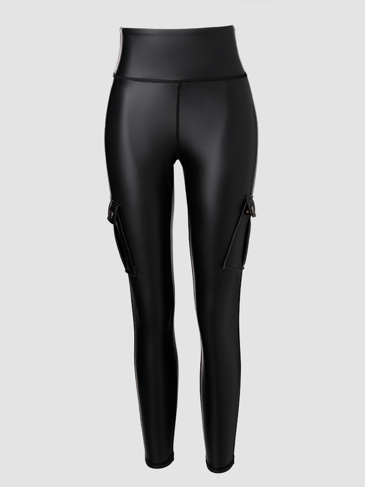 High-Waisted Women's Leather Cargo Leggings with Stretch