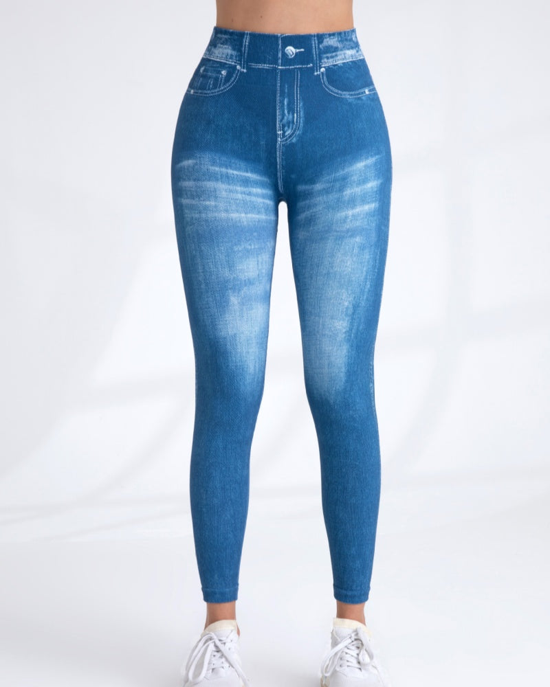 Women's High Elastic Quick-Dry Seamless Printed Yoga Pants - Imitation Denim Style