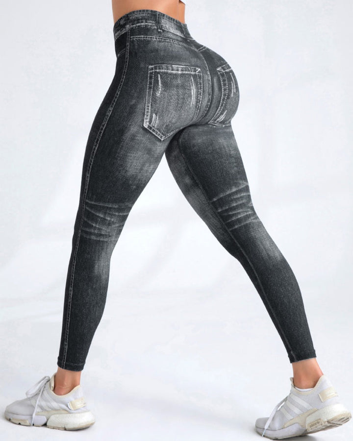 Women's High Elastic Quick-Dry Seamless Printed Yoga Pants - Imitation Denim Style