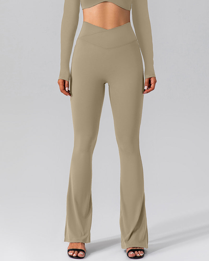 Flared Yoga Pants with High Waist and Side Pocket - Slit Cross Waist Leggings