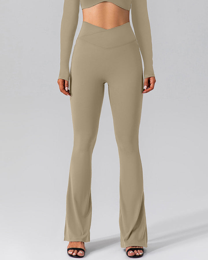 Flared Yoga Pants with High Waist and Side Pocket - Slit Cross Waist Leggings
