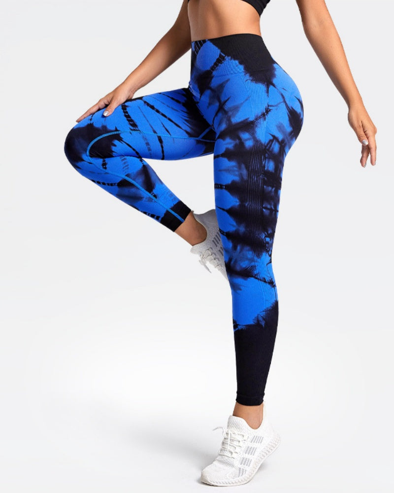 Peach High-Waist Seamless Yoga Pants with Tie-Dye Print and Hip-Lifting Design