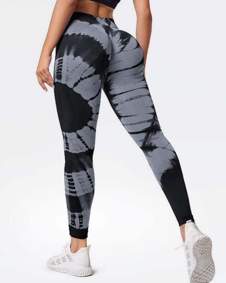 Peach High-Waist Seamless Yoga Pants with Tie-Dye Print and Hip-Lifting Design