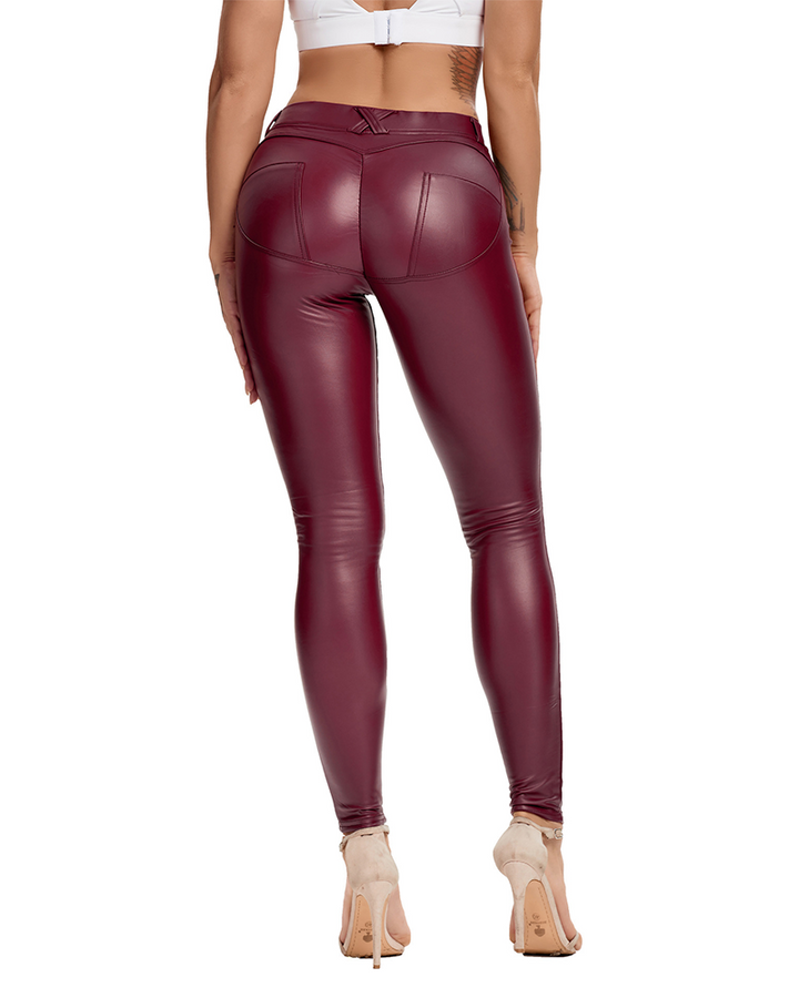 Peach High-Waisted PU Leather Leggings for Yoga and Fitness