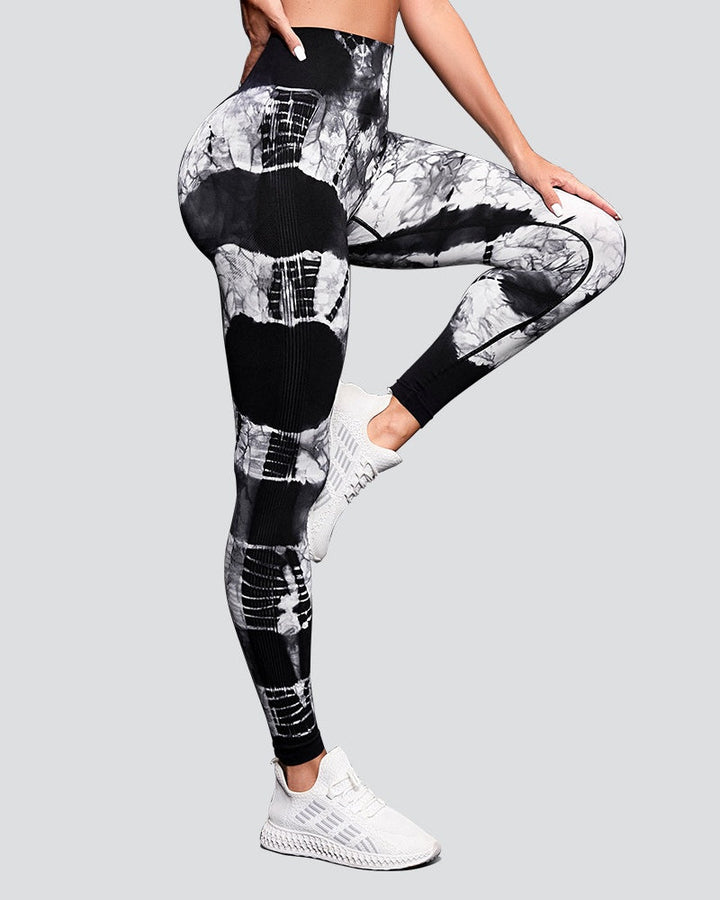 Peach High-Waist Seamless Yoga Pants with Tie-Dye Print and Hip-Lifting Design