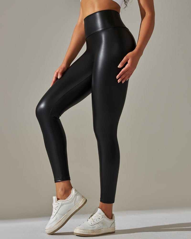 Colorful High-Waisted PU Leather Yoga Pants for Women