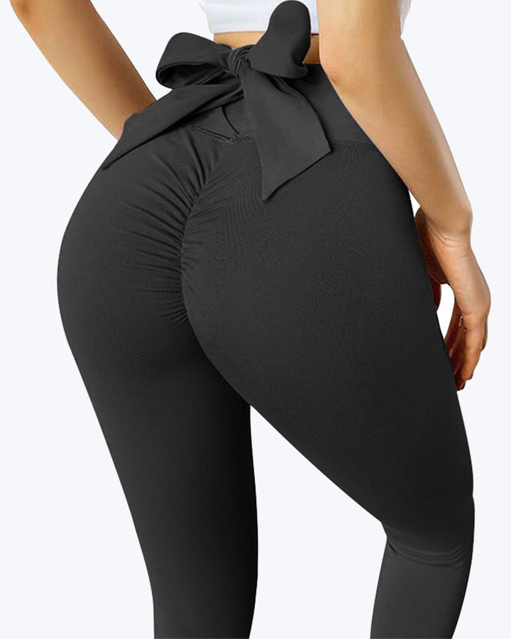Stretchable Solid Color Yoga Pants with Back Bow for Po-Lifting