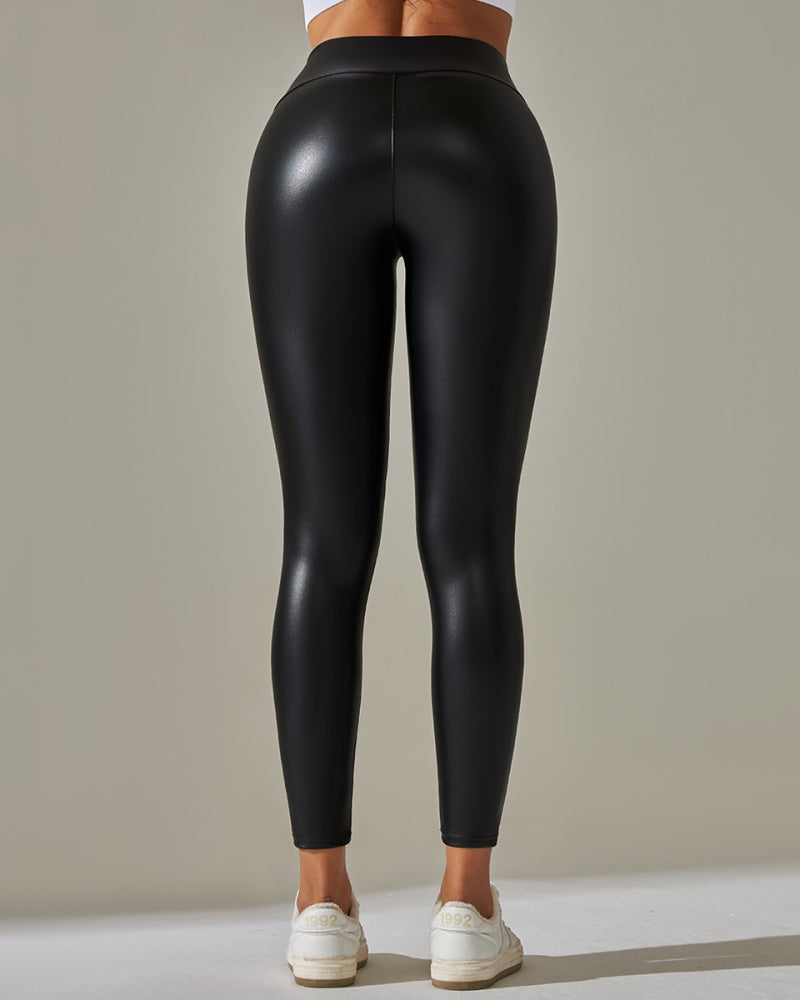 Colorful High-Waisted PU Leather Yoga Pants for Women