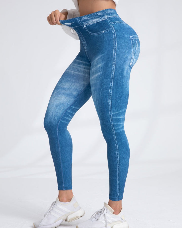 Women's High Elastic Quick-Dry Seamless Printed Yoga Pants - Imitation Denim Style