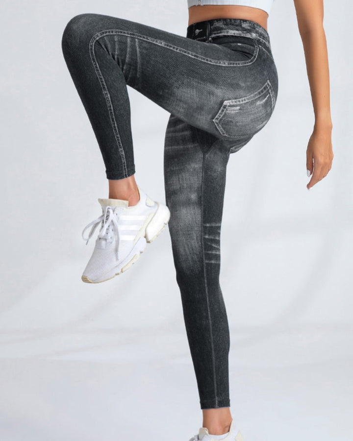 Women's High Elastic Quick-Dry Seamless Printed Yoga Pants - Imitation Denim Style