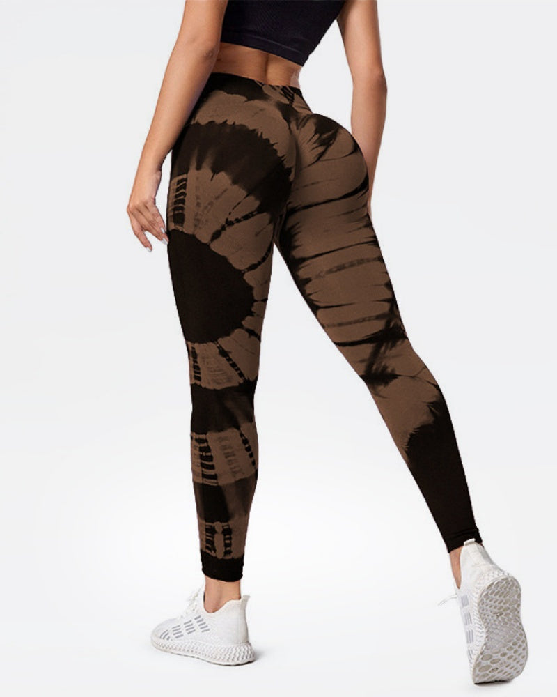 Peach High-Waist Seamless Yoga Pants with Tie-Dye Print and Hip-Lifting Design