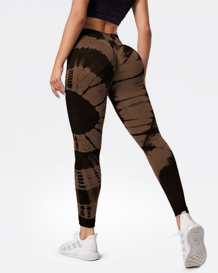 Peach High-Waist Seamless Yoga Pants with Tie-Dye Print and Hip-Lifting Design