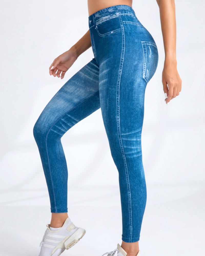 Women's High Elastic Quick-Dry Seamless Printed Yoga Pants - Imitation Denim Style