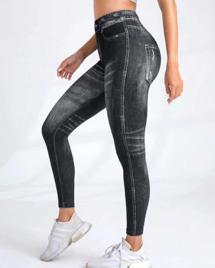 Women's High Elastic Quick-Dry Seamless Printed Yoga Pants - Imitation Denim Style