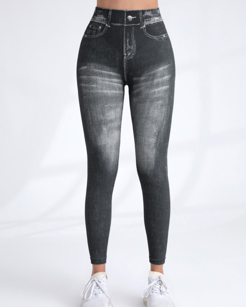 Women's High Elastic Quick-Dry Seamless Printed Yoga Pants - Imitation Denim Style