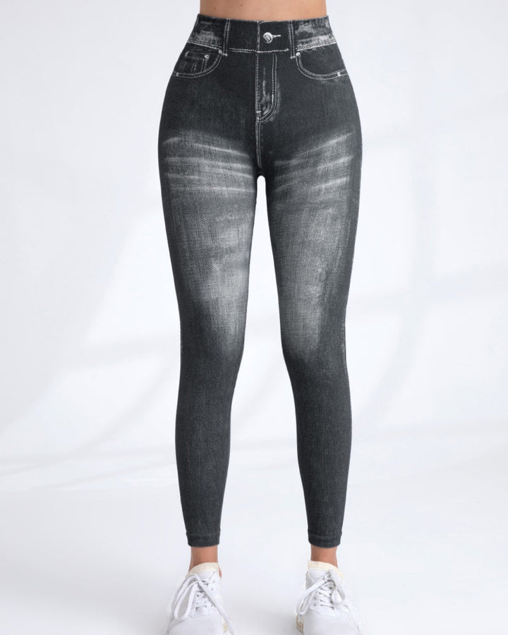 Women's High Elastic Quick-Dry Seamless Printed Yoga Pants - Imitation Denim Style