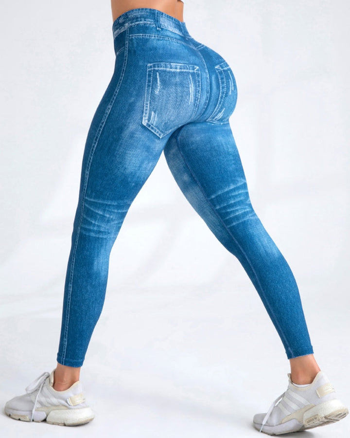 Women's High Elastic Quick-Dry Seamless Printed Yoga Pants - Imitation Denim Style